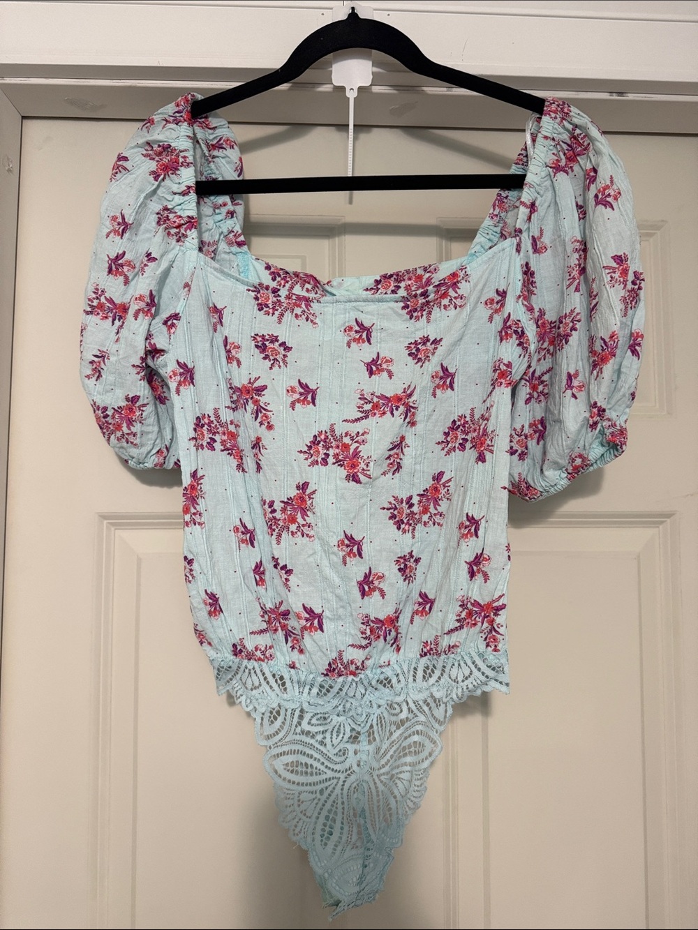 Square Neck Floral Puff Sleeve Bodysuit - Light Blue with Pink Floral